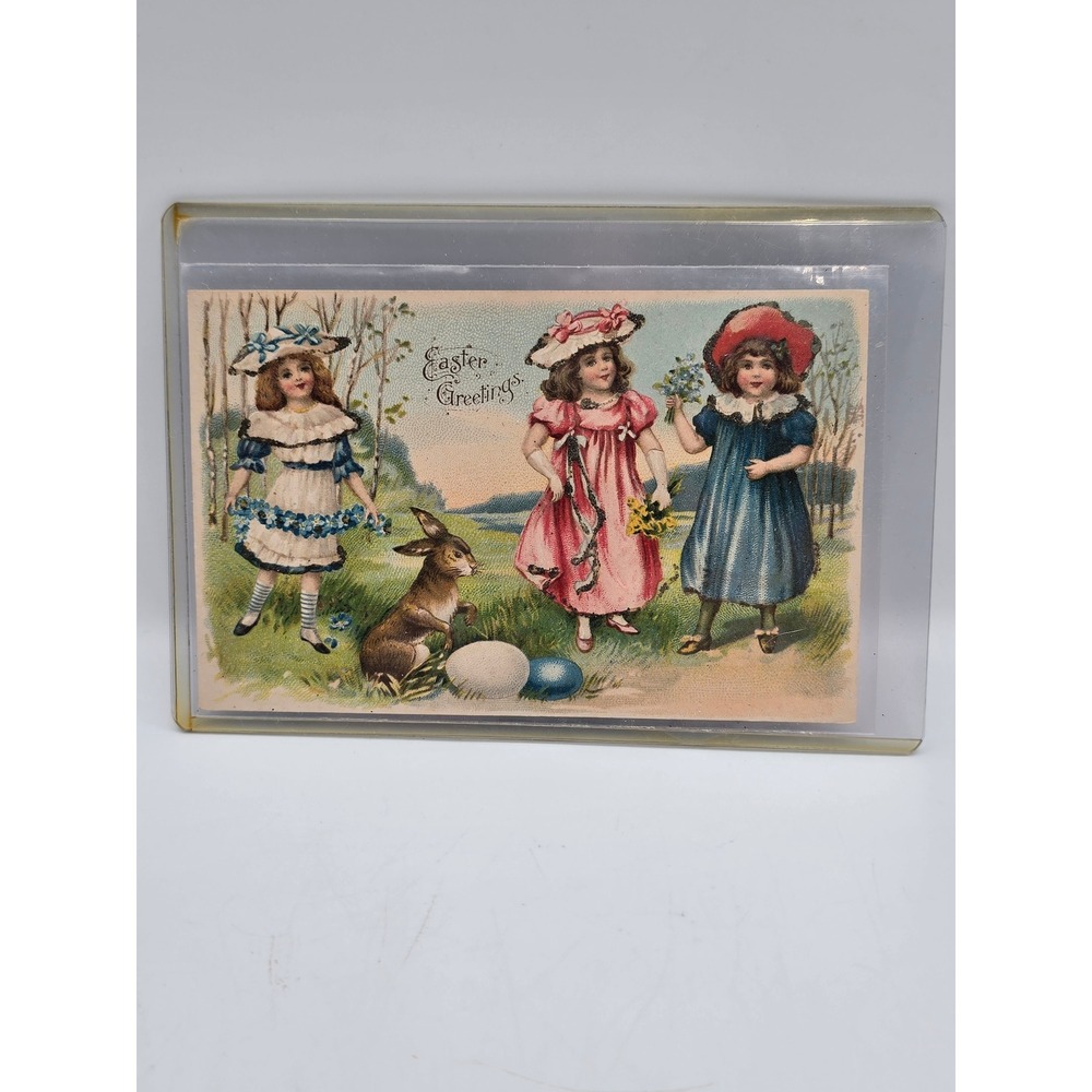 Vintage Easter Greetings Postcard Girls Bunny One Cent Franklin Stamp Good